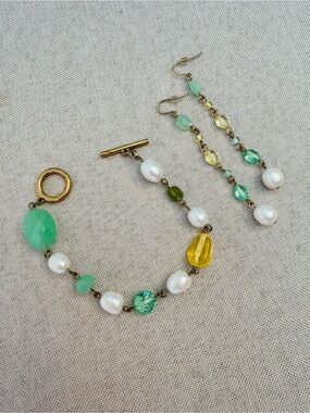 2pc Set Ralph Lauren Bracelet Earrings Genuine Pearl Crystals Yellow Green